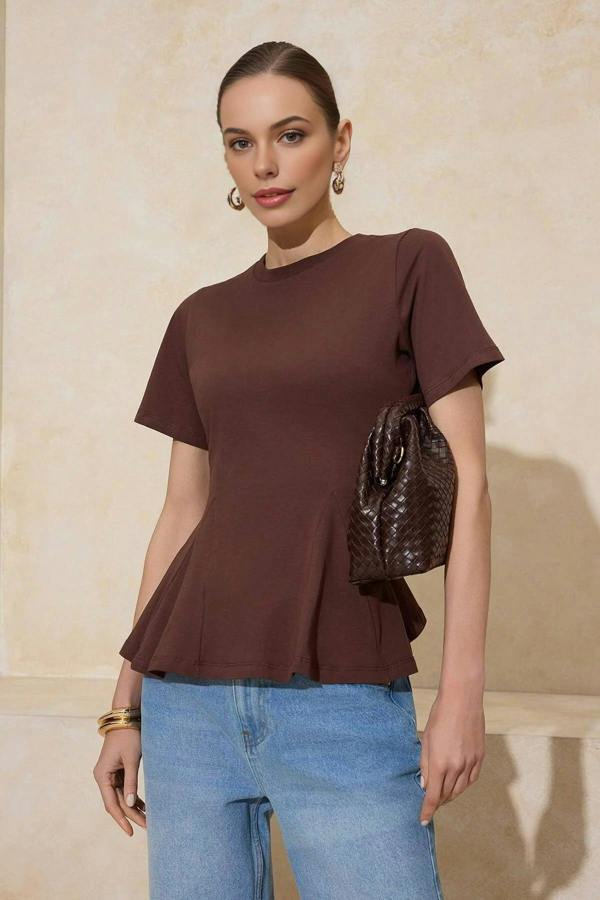 WOVCOR Peplum Short-Sleeved 100% Cotton Knitted Blouse