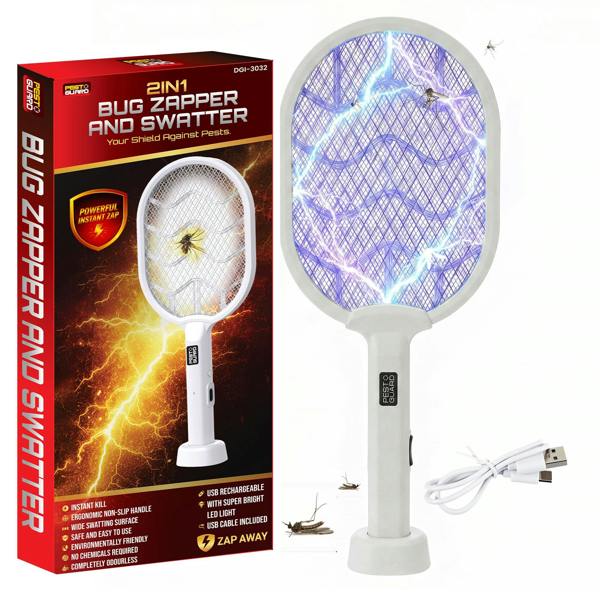 Electric Fly Swatter Racket - 2 in 1 Rechargeable Electric Fly Swatter & Zapper with LED Light, USB Powered Flying Insect Control Tool