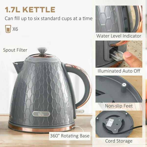 Grey electric kettle on rotating base with visible spout filter and indicator