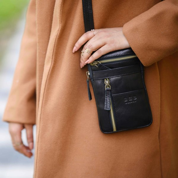 Real Hide Bags 'BROOKE' Black Polished VT Real Leather Mobile Phone Crossbody Bag