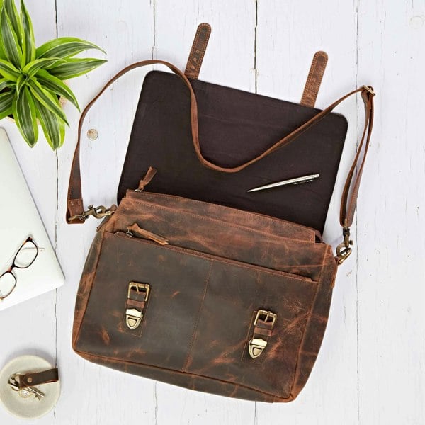 Paper High Brown Buffalo Leather Satchel Style Messenger Bag