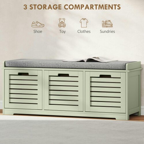 Wyld Haus Dilena Wooden Green 3 Drawer Shoe Storage Bench with Grey Padded Seat