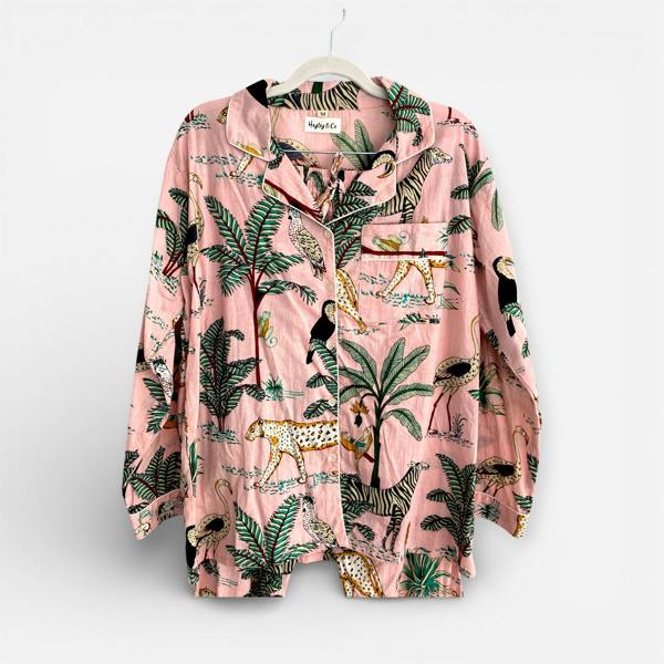 Hayley & Co Jungle Print 100% Cotton Long Pyjama Set in Pale Pink