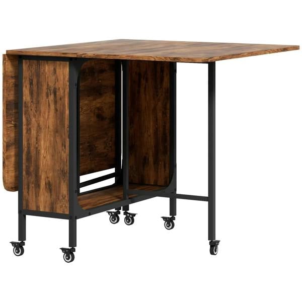 Rustic brown drop-leaf dining table with black caster legs and open side support