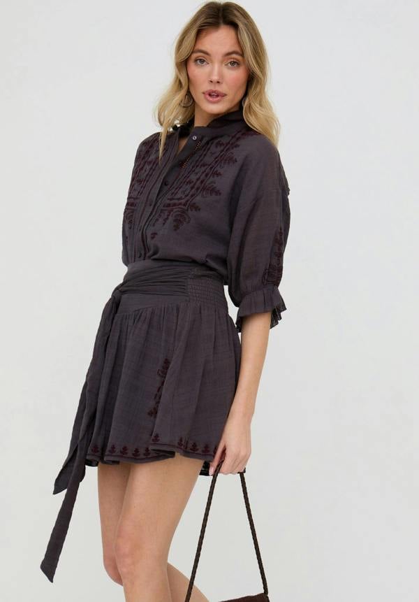 Raffya Julie Ruffle Neck Embroidered Shirt In Dark Grey