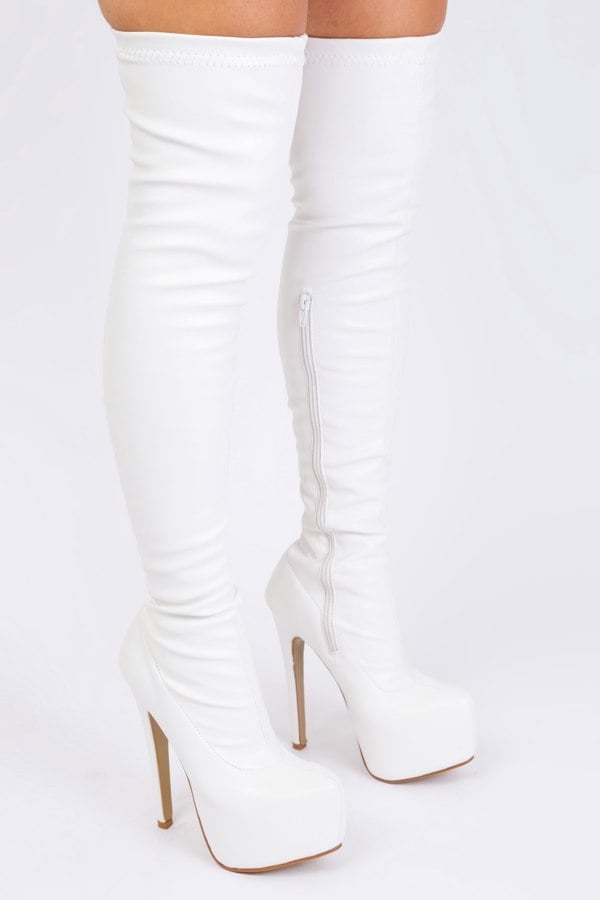 Where's That From Brinley High Heel Over the Knee Boots in White Faux Leather