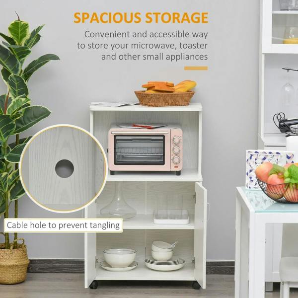 White microwave cabinet cart with open compartments for small appliances and accessories