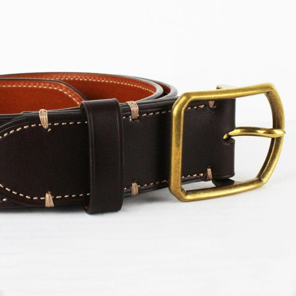 Dunhill dark brown leather belt with rounded brass tone buckle