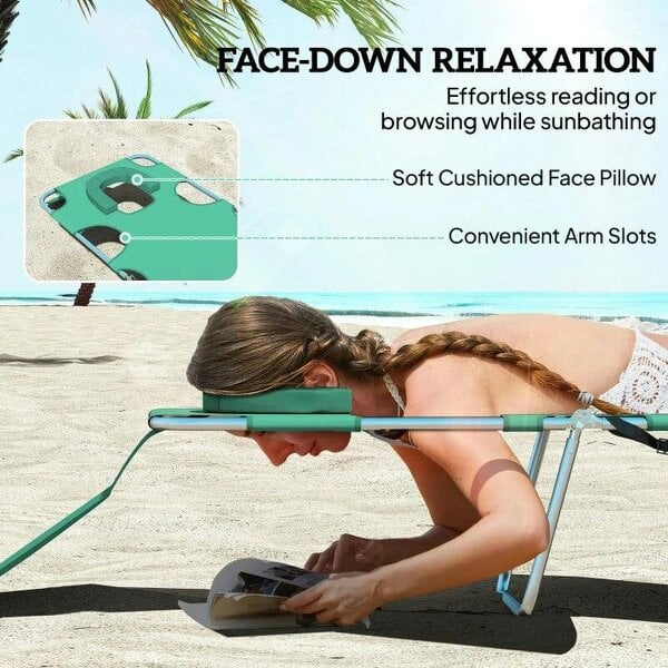 Bobobiy 5-Position Adjustable Sun Loungers Set of 2 with Reading Hole and Side Pocket, Green