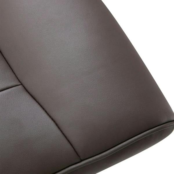 Close-up of brown padded recliner arm and seat upholstery with smooth PU leather finish.