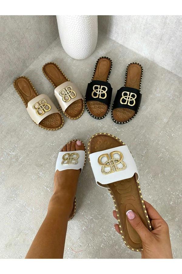 Abby Sparkle Buckle Gold Studded Flat Sandals - White