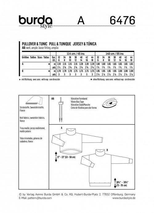 Burda Sewing Pattern 6476 Tops and Sweaters For Women, 6 to 18 - Easy