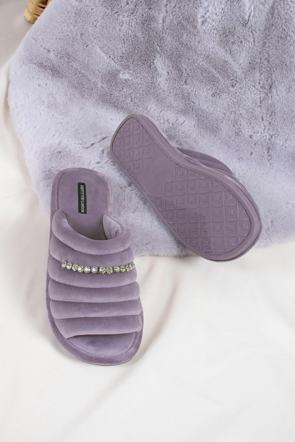 Frankie women's slider slippers in lavender combining super-soft microfibre materials with a glistening crystal diamante strap from Pretty You London