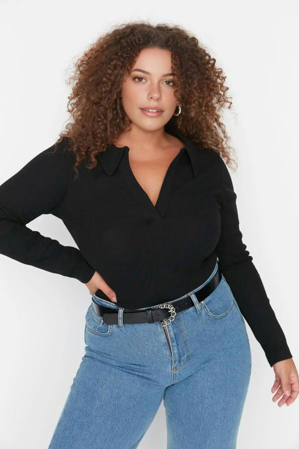 WOVCOR Fitted Ribbed Knit Shirt with Snap Button Collar Bodysuit
