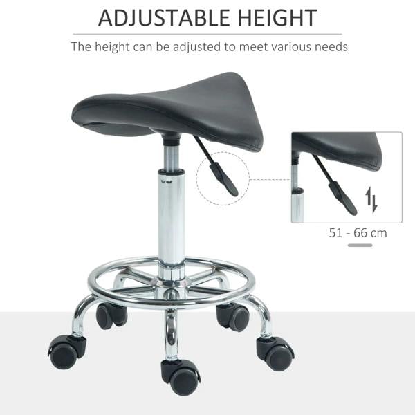 Black upholstered saddle seat on chrome height-adjustable rolling base