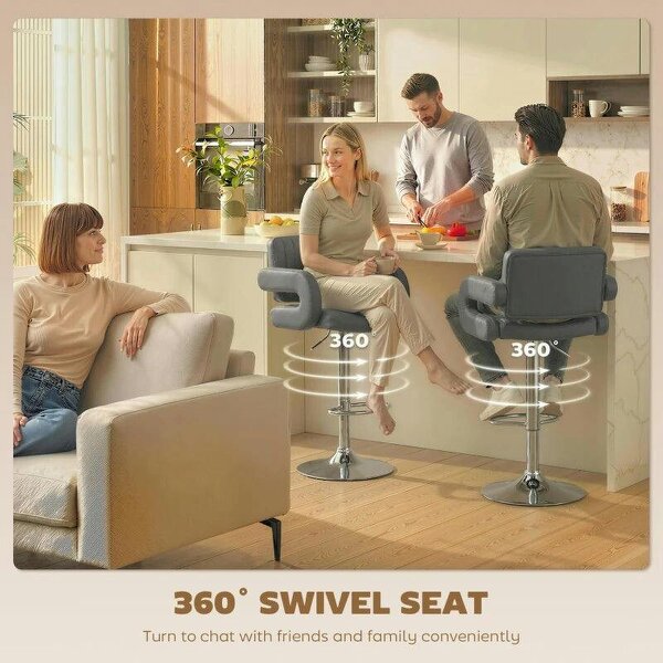 Bar Stools Adjustable Swivel Kitchen Chairs with Backrest Armrest Set of 2 PU Leather Grey