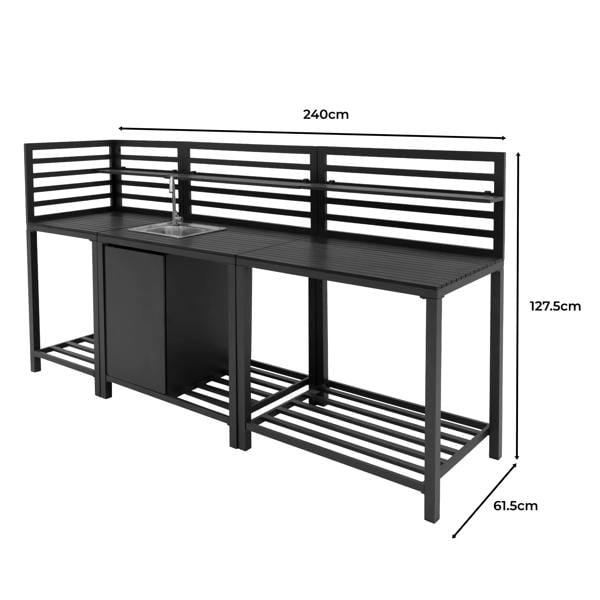 Aluminium outdoor kitchen set featuring sleek black finish, spacious countertops, and integrated sink for versatile cooking and entertaining