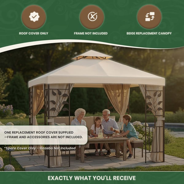 Spare Roof Cover for Leaf Design 3m Square Garden Gazebo, Beige 180g Fade Resistant Polyester Canopy with Wind Vent