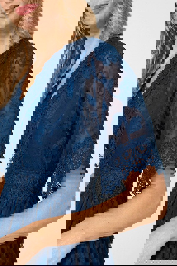 Navy | Floral Lace Frill 1/2 Sleeve Midi Dress
