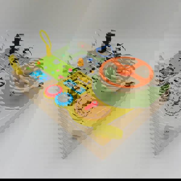 Dyzi Natural Wood Car Driving Steering Wheel Montessori Busy Board with LED Lights, Engine Sounds