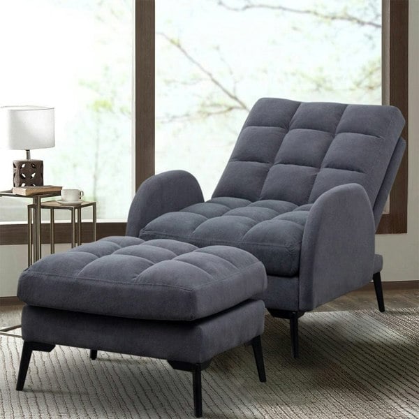 Modern Velvet Upholstered Recliner and Ottoman Set Recliners Living and Home DarkGrey