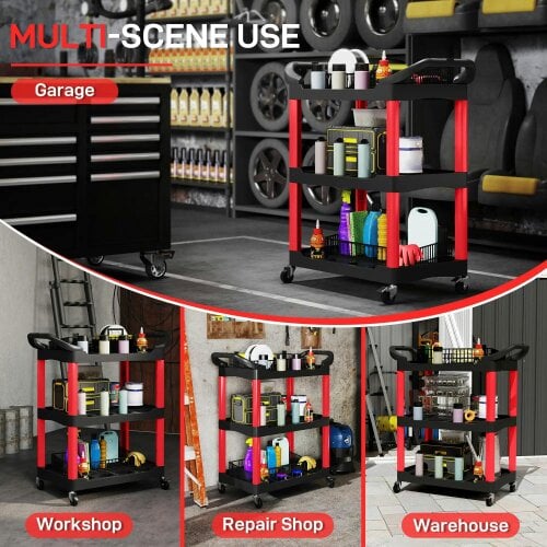 Bobobiy 3-Tier Rolling Tool Cart, Plastic Mobile Service Utility Cart with Handles for Garage, Mechanics and Warehouse, 91kg Capacity, Black and Red