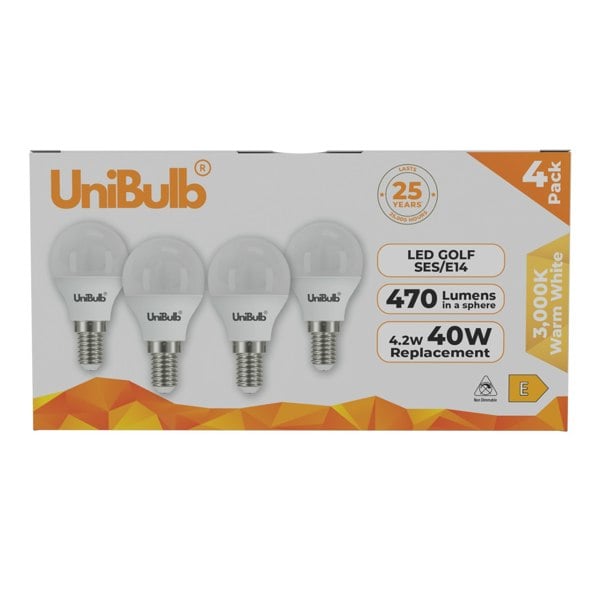 UniBulb LED Golf Ball E14 470lm 4.2W 30000K (Warm White) Light Bulb - Pack of 4 front