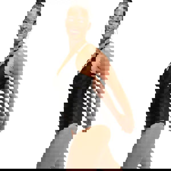 Black Speedo shaping v neck swimsuit with gold accents and removable bra pads