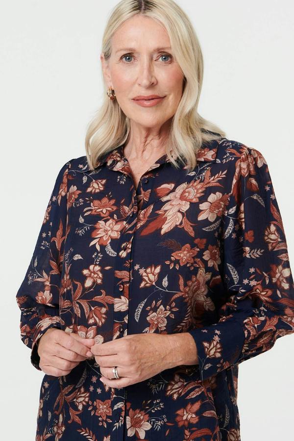 Navy | Floral Relaxed Fit Long Sleeve Shirt