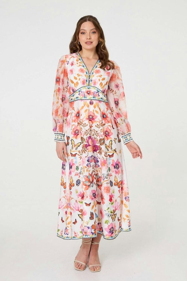 Pink | Border Print Empire Kimono Maxi Dress
