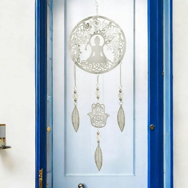 EDH Door Hardware Buddha Stainless Steel Hanging Dreamcatcher – 59cm x 18cm | Spiritual Wind Spinner for Indoor & Outdoor Use | Zen Garden, Meditation