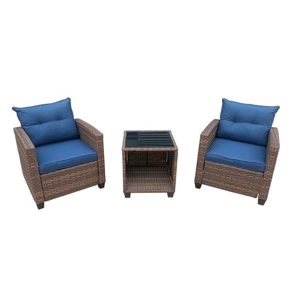 Furniture One Outdoor PE Rattan Bistro 3 Piece Set, Patio Balcony Furniture with Tempered Glass Top Coffee Table Conservatory Set