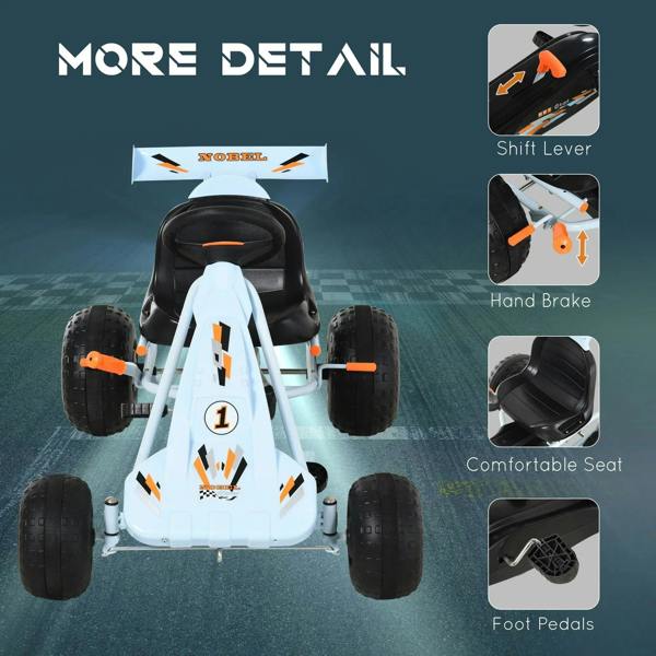 Light blue kids pedal go-kart with shift lever, hand brake, comfortable seat, and foot pedals
