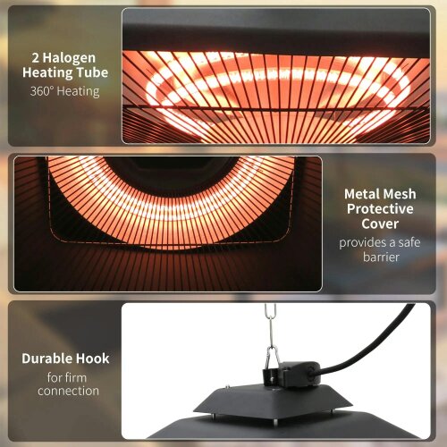 Bobobiy Hanging Electric Patio Heater with 2 Power Settings, 1000, 2000W, Black