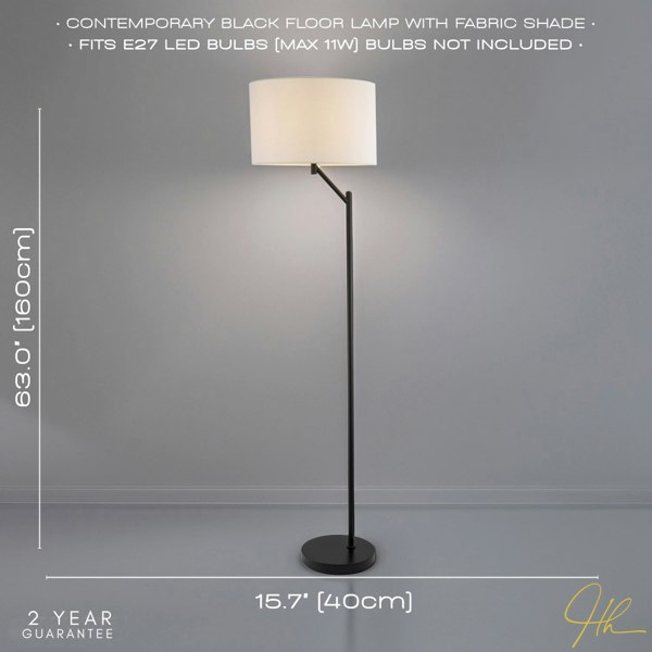 Designer Matte Black Floor Lamp with Rocker Switch and Ivory White Fabric Shade Image 6