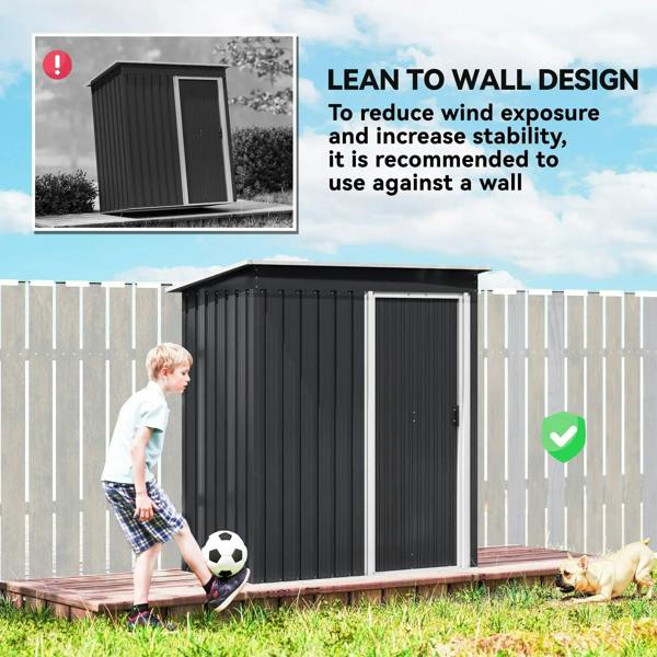 Black metal garden storage shed with sliding door closed and compact side profile.