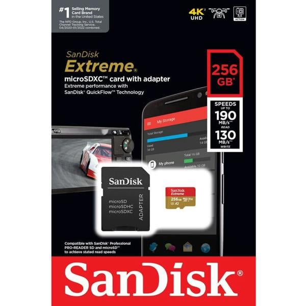 SanDisk Extreme microSDXC 190MBs UHSI U3 V30 with Adapter 256GB