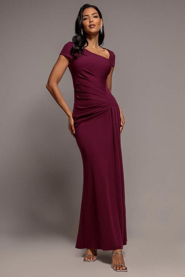 Cap Sleeve Pleated Asymmetric Maxi Dress - Plum DR5115