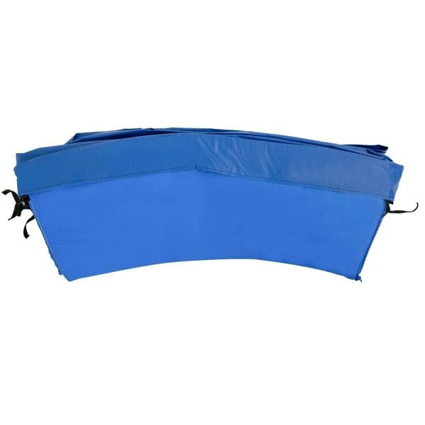 Blue trampoline pad surround with stitched edges and black attachment straps