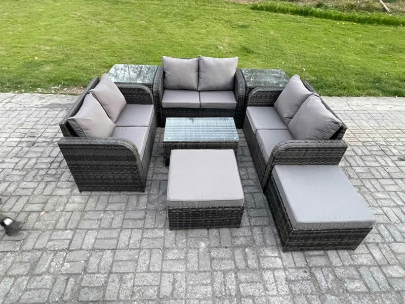 Fimous 8 Seater Dark Grey Mixed Rattan Outdoor Lounge Set - Loveseat, Coffee Table & 2 Side Tables & 2 Big Footstools