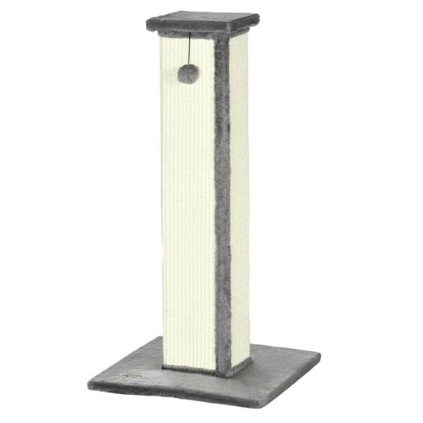 Vertical cat scratcher post with grey plush top, sisal-wrapped body, and hanging ball