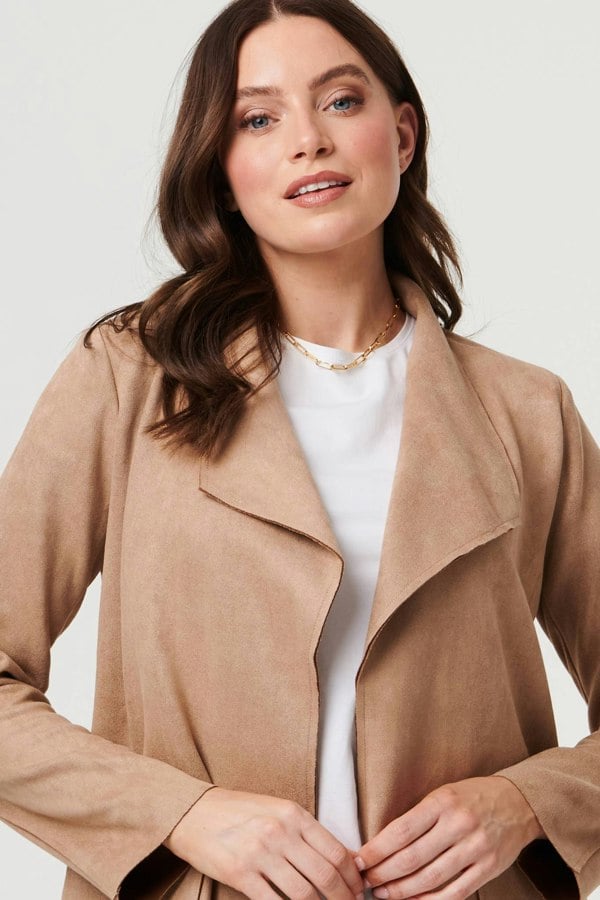 Brown | Faux Suede Collared Open Front Jacket
