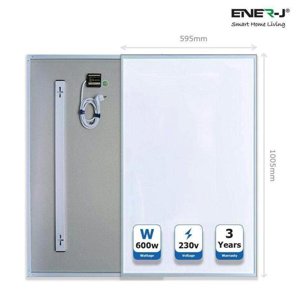1005x595mm, 600W, Electric Panel Heater Infrared with UK Plug, Huge Saving on Energy and Maintainance plus Noise Free. - ENER-J Smart Home