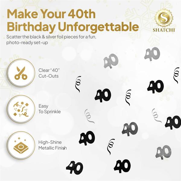 40th Birthday Black and Silver Confetti Foil Table Decorations, 1 Pack to 4 Pack image 4