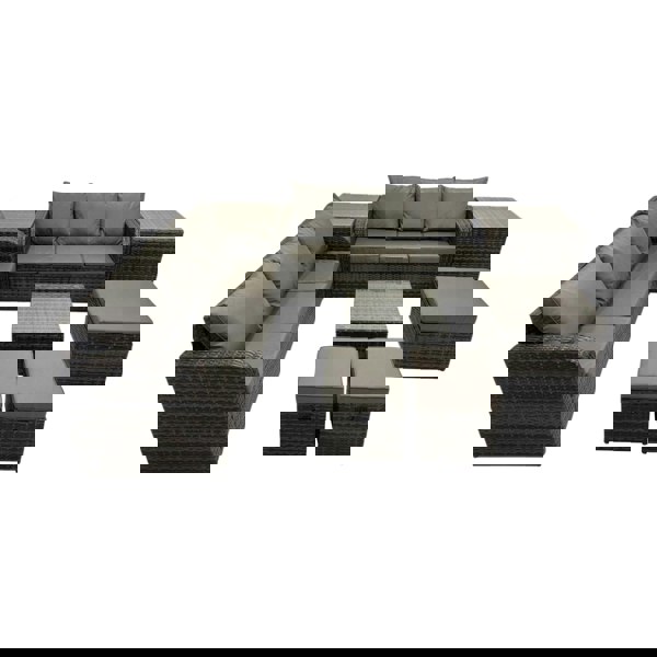 Fimous Rattan Garden Outdoor Furniture Set 3 Seater Sofa Square Coffee Table Set with 2 Side Tables 3 Stools Dark Grey Mixed