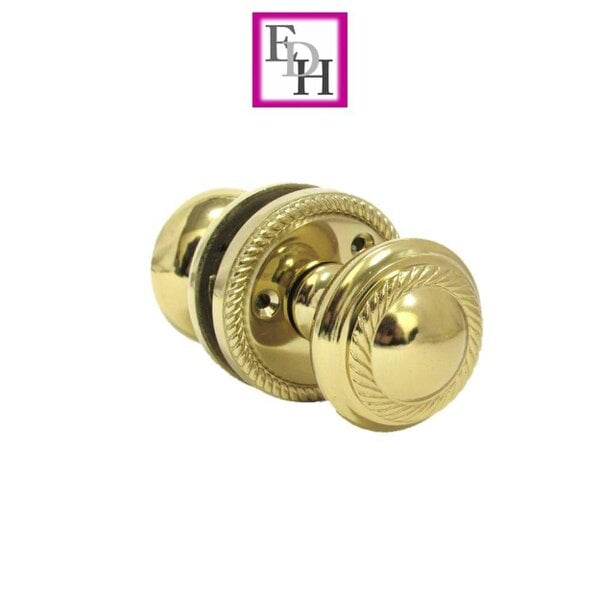 EDH Door Hardware Brass Plated Round Door Knob Set Including Tubular Latch - Georgian Style Sprung Internal & External Door Knobs