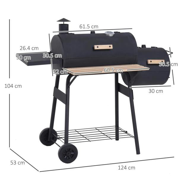 Black charcoal BBQ grill with wooden side shelf and lower rack; size measurements shown.