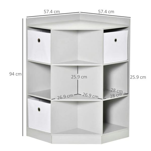Grey corner bookcase with open cubbies and white drawer bins, front view