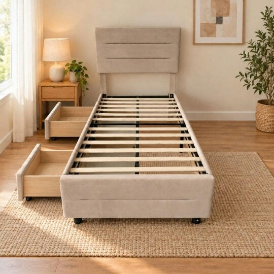 HOMEWEDO  Bed Frame with 2 Storage Drawers, Velvet Upholstered Headboard - Single  - Champagne