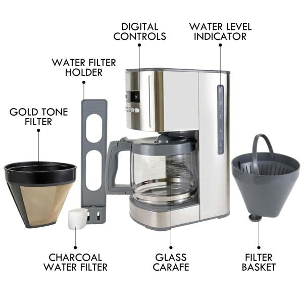 Kenmore 12-Cup Filter Coffee Machine 1.8L Programmable Timer Drip Coffee Maker Silver